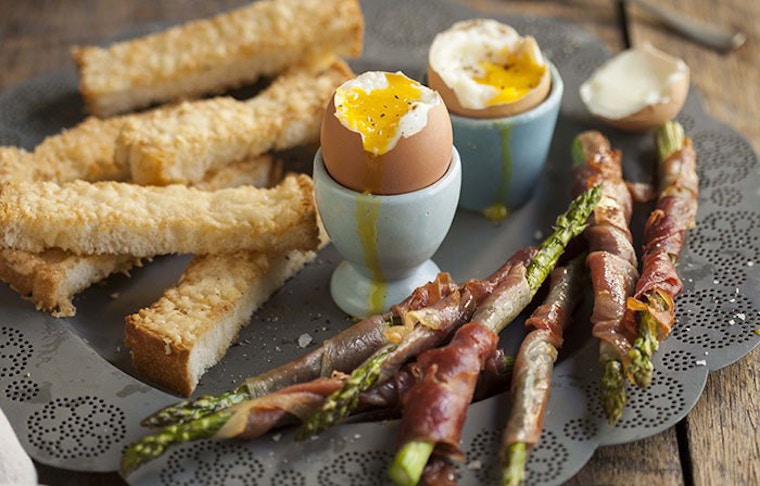 Boiled Eggs with Asparagus, Pancetta and Parmesan Bread Fingers by Drizzle & Drip