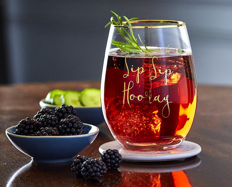 Lakeland Best given with an accompanying bottle of wine, this elegant stemless wine glass is by Ava & I, a feminine and playful brand.