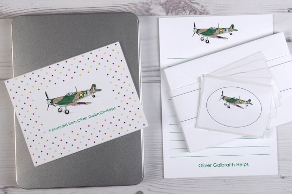 Spitfire Gift Tin Little boys may not love writing thank-you letters but they will manfully take on the task with this gorgeous tin containing lined paper, stickers and postcards – mainly because Lizbeth Holstein’s spitfire motif is so cool.