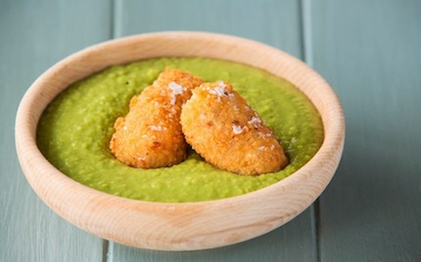 Chilled pea soup with fried ham croquettes by Stevie Parle