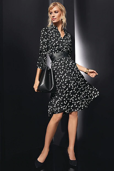 Cat Print Dress A playful, monochrome cat motif brings vitality to this smart, long-sleeved frock.