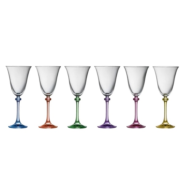 Debenhams Add some rainbow colours to your table with these party pack of six glass wine goblets. £29.95