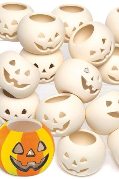 £39.50, Baker Ross Let them get creative with this wonderful set of paintable, pumpkin ceramic tealight holders.
