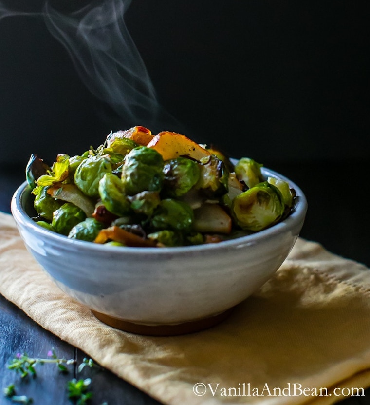 Roasted Brussel Sprouts And Pear With Thyme