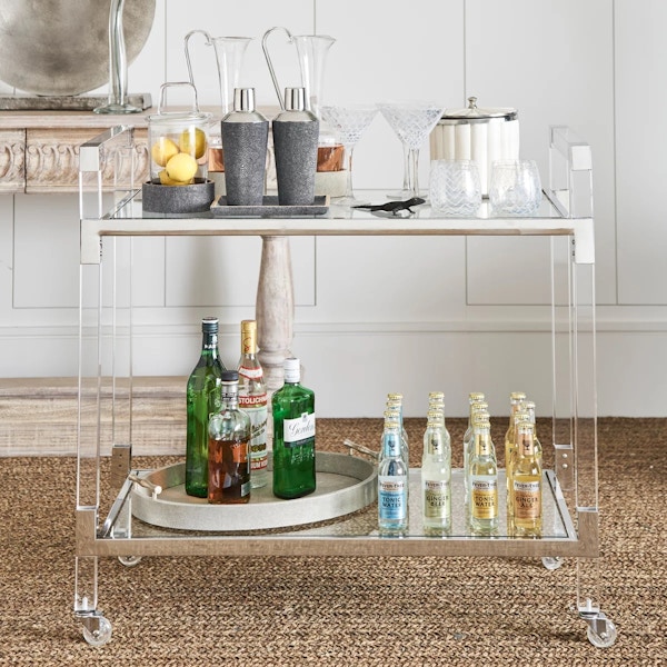 OKA, Lenox Drinks Trolley We love the clean lines of this lovely acrylic, glass and stainless number from firm GWG’s favourite: OKA. £995.