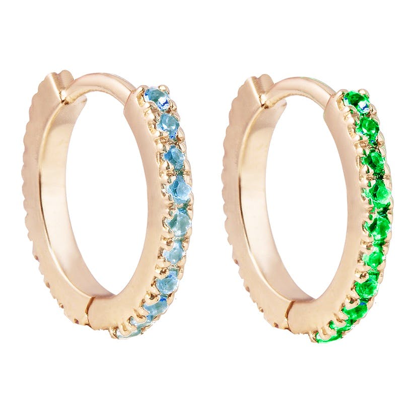 V&A Shop Tsavorite and blue topaz 9kt gold huggie earrings by Luceir, £220