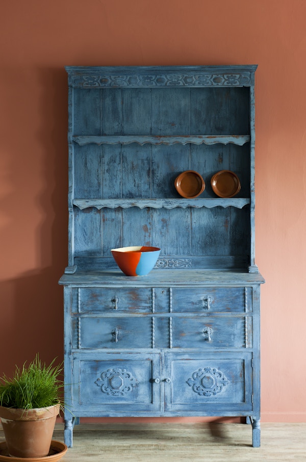 Annie Sloan - Greek Blue Kitchen Dresser With Barcelona Orange Wall
