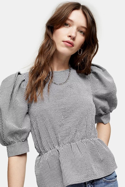 TopShop Black And White Mini Check Puff Sleeve Blouse, £29