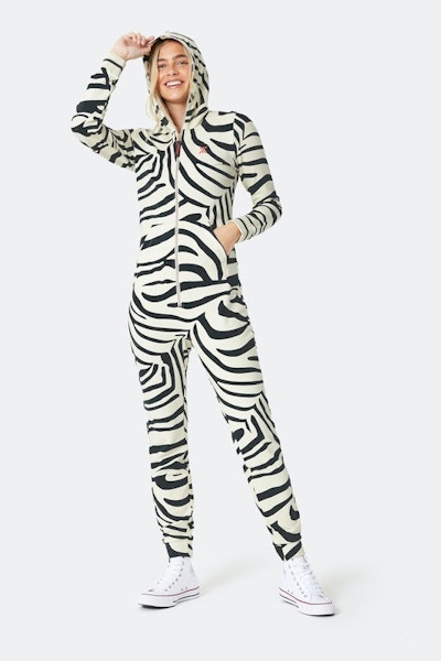 ZEBRA SLIM JUMPSUIT OFF-WHITE It may be a jungle out there, but fans of animal prints will snap up this funky, lightweight take on the onesie.