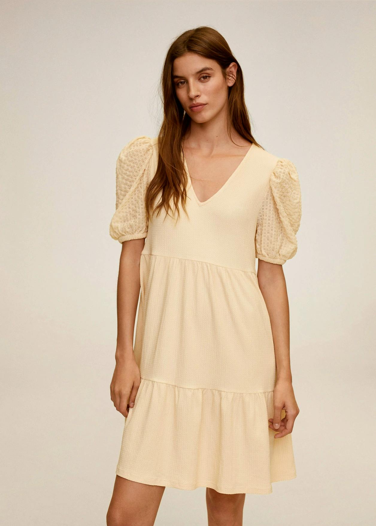 Mango Puff-Sleeved Dress in Sand, £29.99