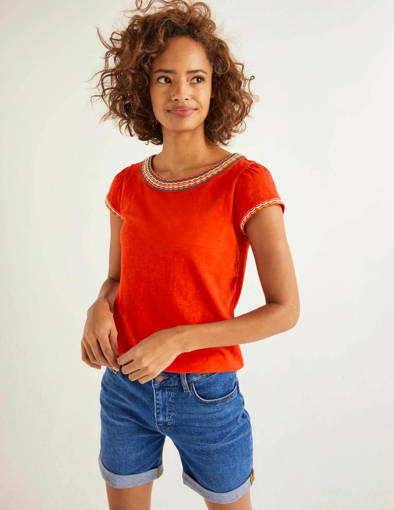 Boden Sena Embroidered Jersey Top in Post Box Red, £38