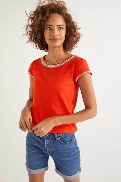Boden Sena Embroidered Jersey Top in Post Box Red, £38