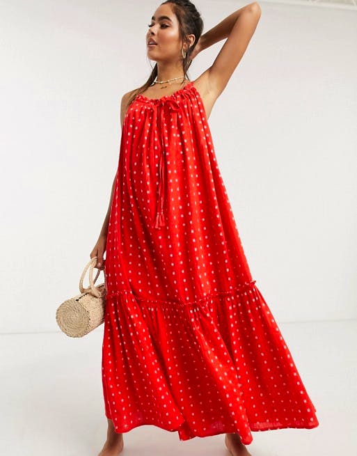 ASOS Accessorize high-neck beach maxi dress in red, £49