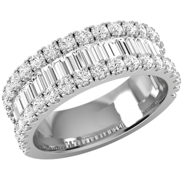 This magnificent platinum ring features a central row of channel set baguette cut diamonds, with a row either side of round brilliant cut diamonds. Simply dazzling.