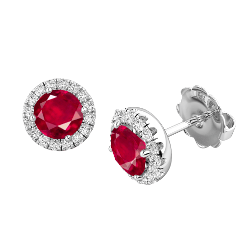  These beautiful 18ct white gold earrings feature a stunning round ruby surrounded by a halo of brilliant cut diamonds and would make the most special gift.
