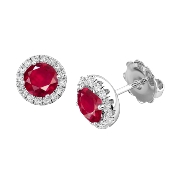  These beautiful 18ct white gold earrings feature a stunning round ruby surrounded by a halo of brilliant cut diamonds and would make the most special gift.