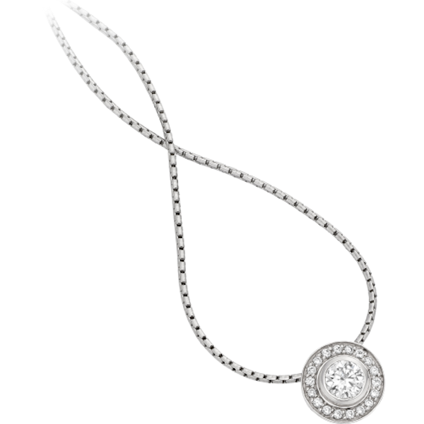  This beautiful pendant necklace features a dazzling round brilliant cut diamond surrounded by a halo of accent diamonds.
