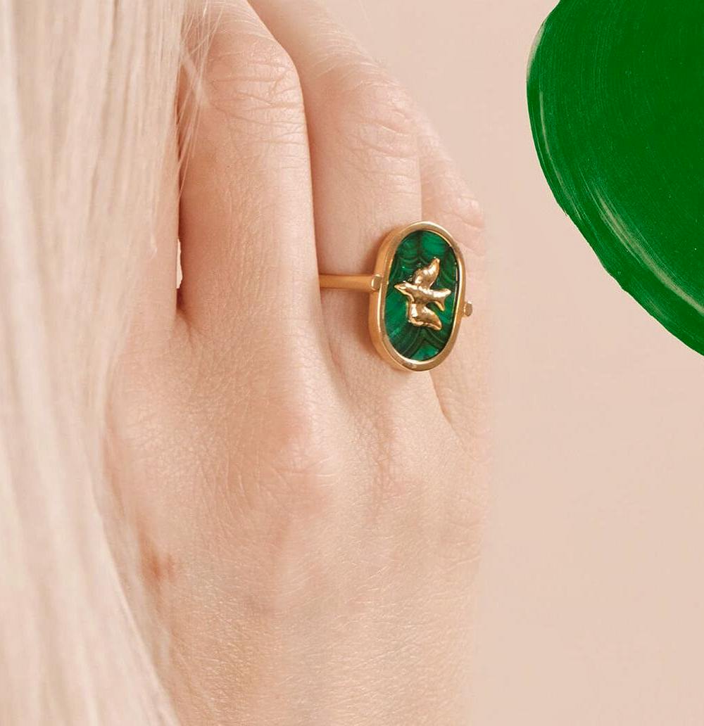 Motley Gold L’Oiseau Ring With Malachite, £140