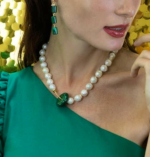 Wolf & Badger Edison Pearls With Malachite Pendant, £287