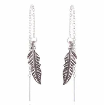 Feather with Chain Sterling Silver Earrings