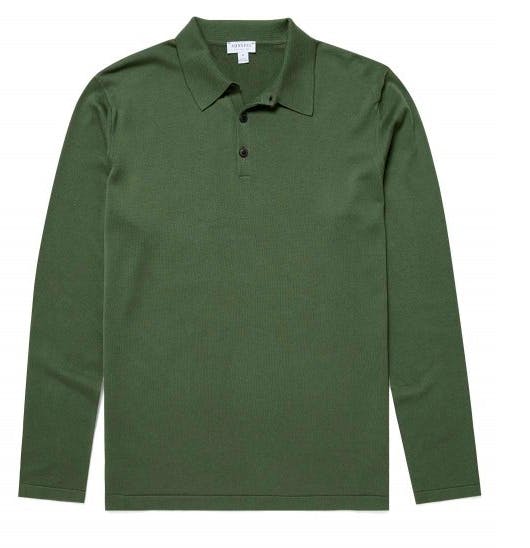 Sunspel Cotton Knit Long Sleeve Polo In Pine, £215