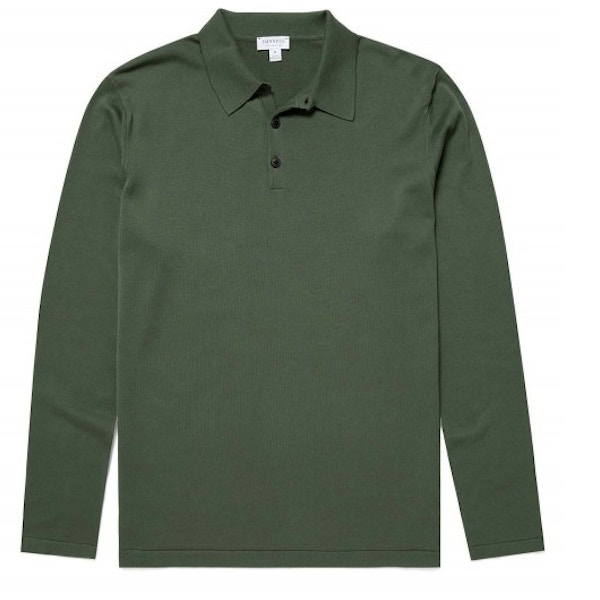 Sunspel Cotton Knit Long Sleeve Polo In Pine, £215