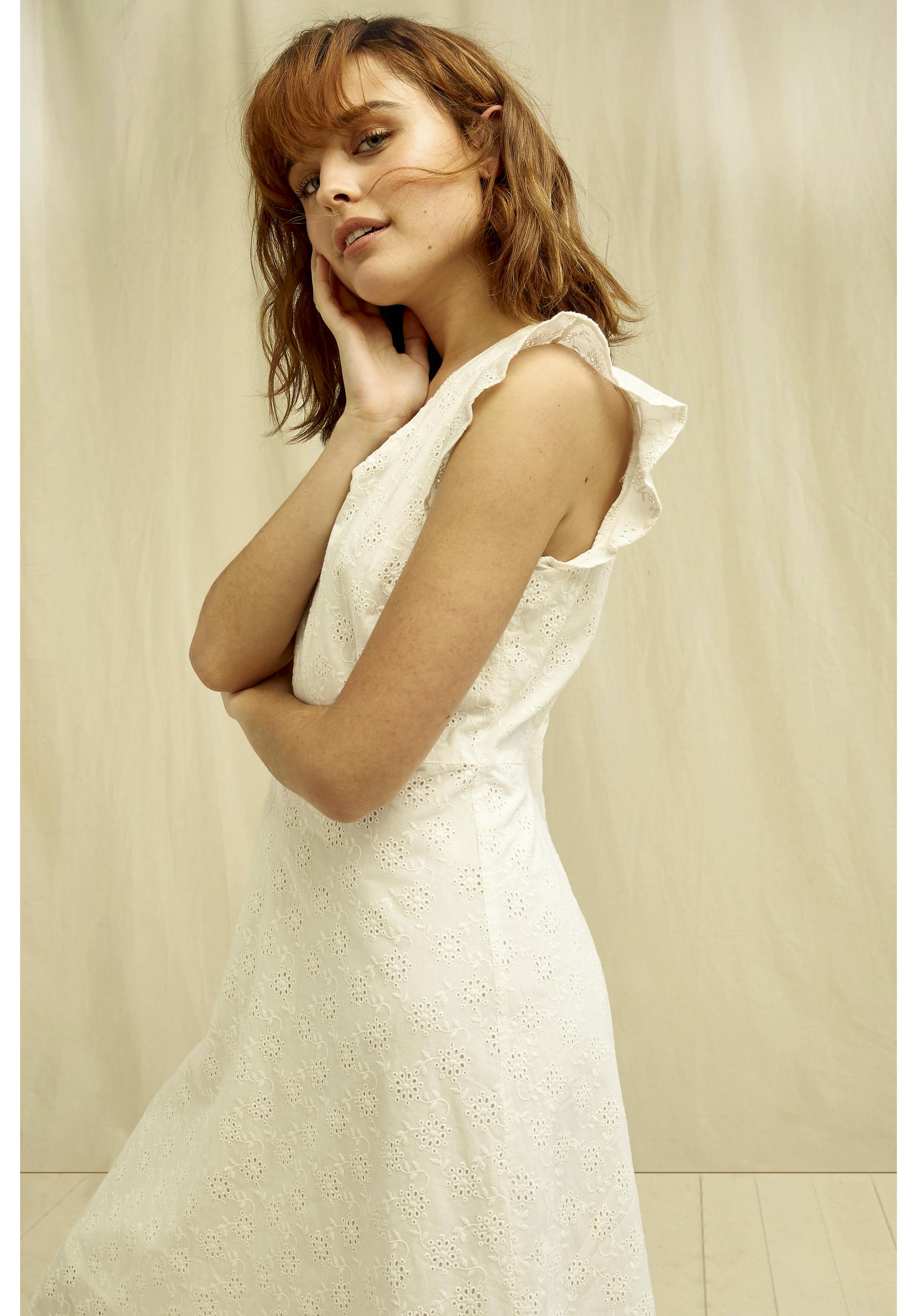 People Tree Jessica Broderie Dress in White, £125, NOW £87