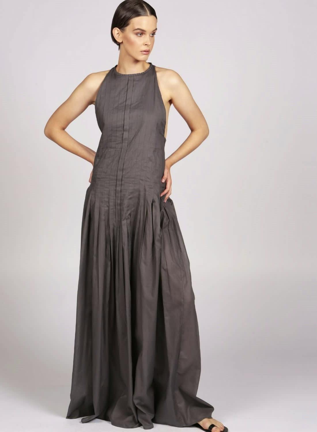 Rain Black Pleated Dip-Hem Maxi Evening Dress 