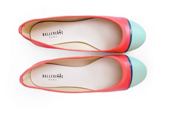 Ballerette Tri-Coloured Flats In Coral and Green Leather, €79.20