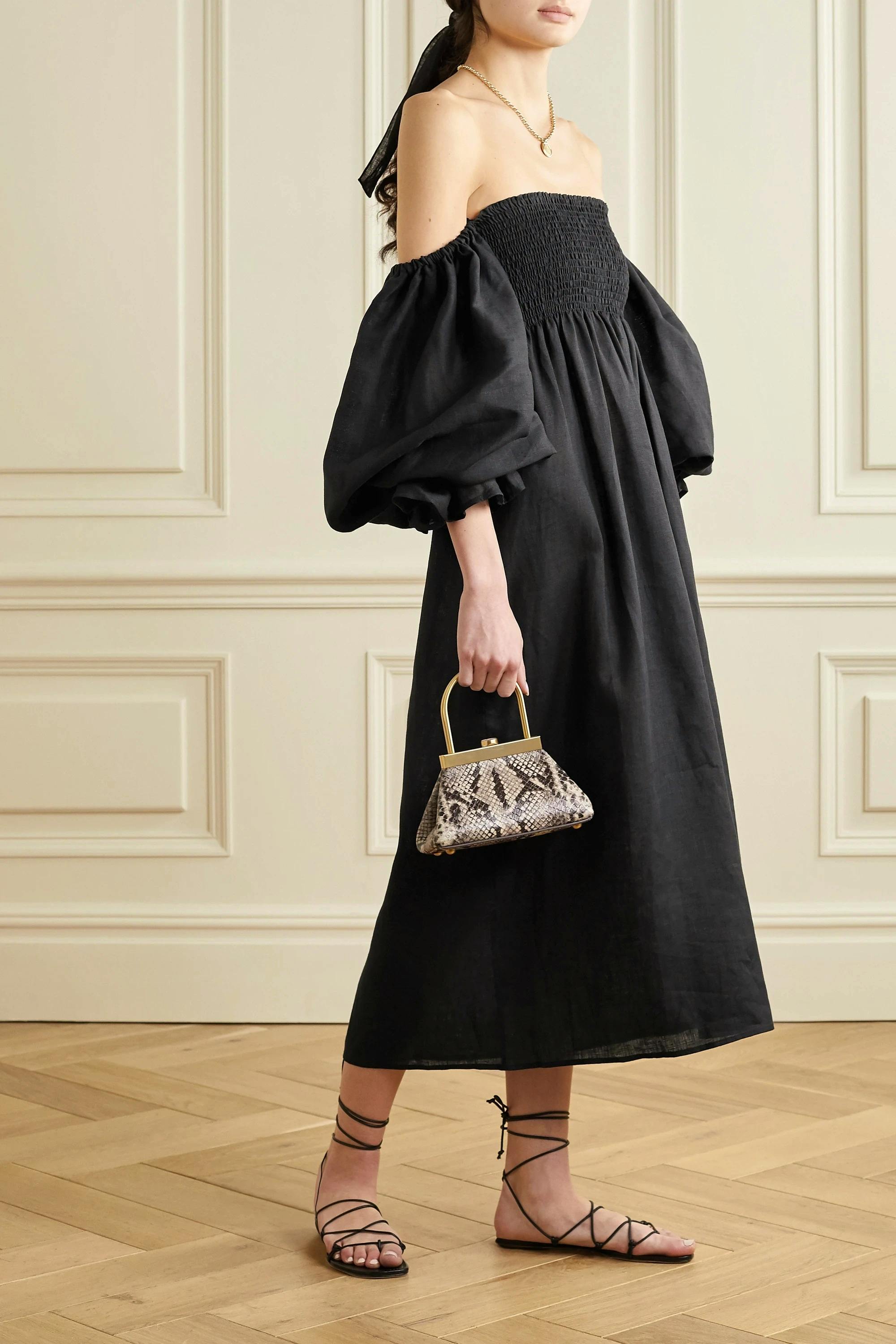 Net A Porter Sleeper Atlanta Off The Shoulder Shirred Midi Linen Dress, £262