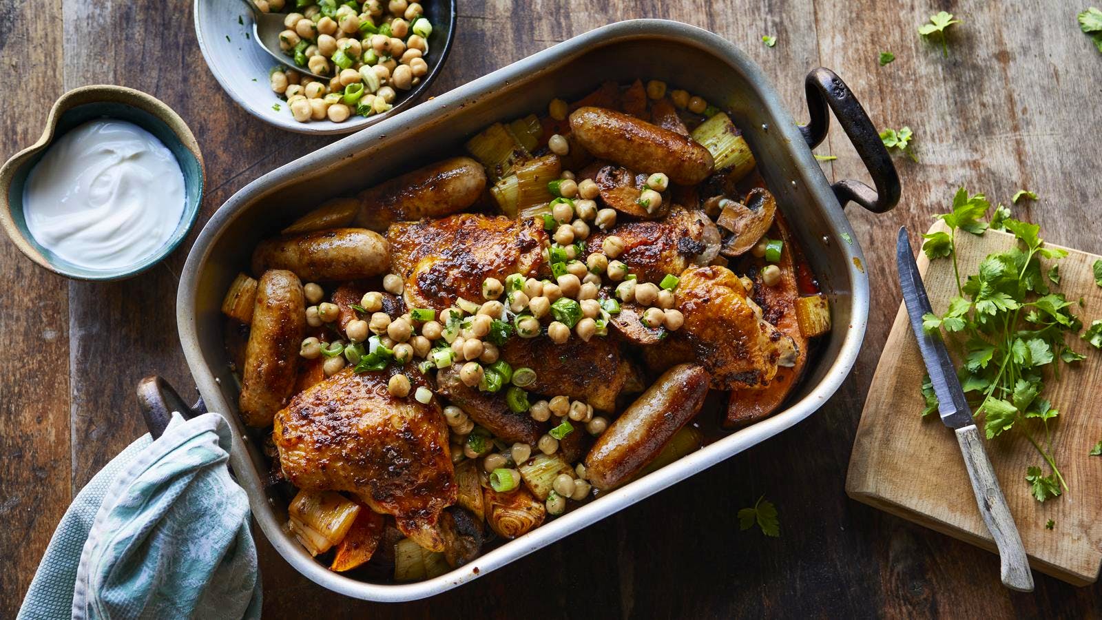 Chicken And Sausage Traybake With Harissa, Mushrooms And Chickpeas