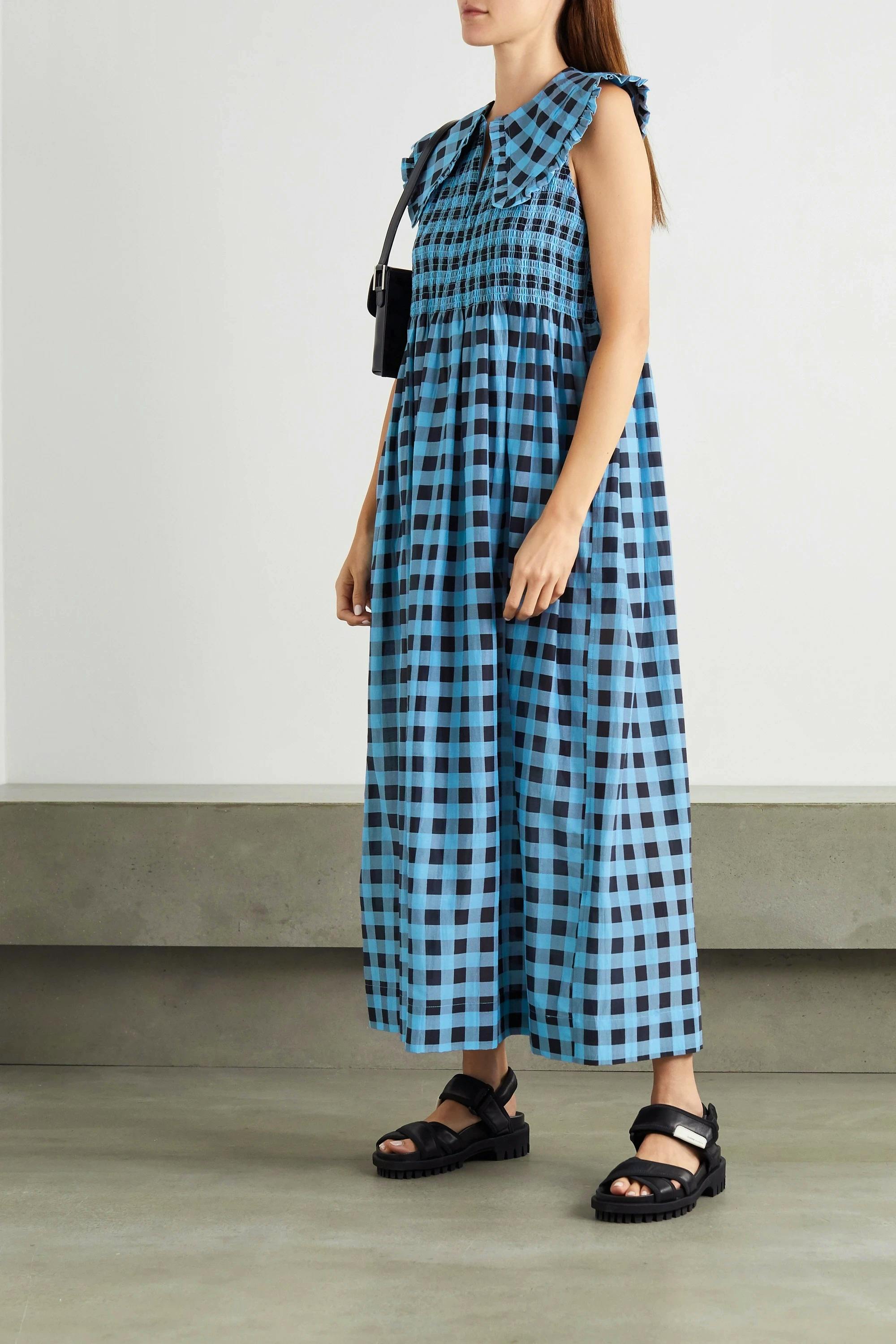 Net A Porter Ganni Smocked Checked Cotton And Silk Blend Maxi Dress, £315.77