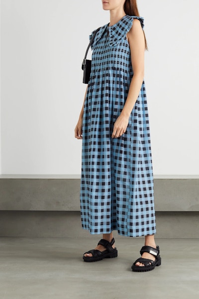 Net A Porter Ganni Smocked Checked Cotton And Silk Blend Maxi Dress, £315.77