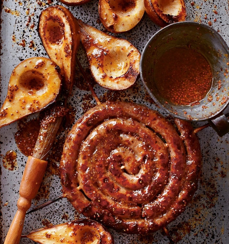 Sticky Honey And Mustard Catherine Wheel Sausage With Pears, Cobnuts And Celeriac Mash