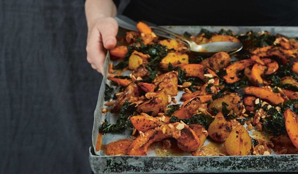 MISO ROAST SQUASH + POTATOES WITH ALMONDS AND KALE