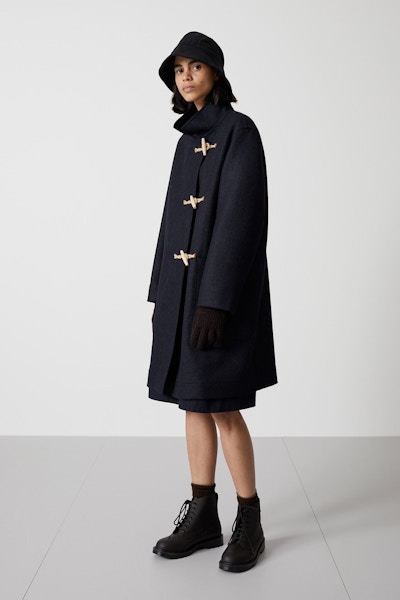 Margaret Howell MHL Stand Collar Duffle Proofed Heavy Wool Ink Coat, £645