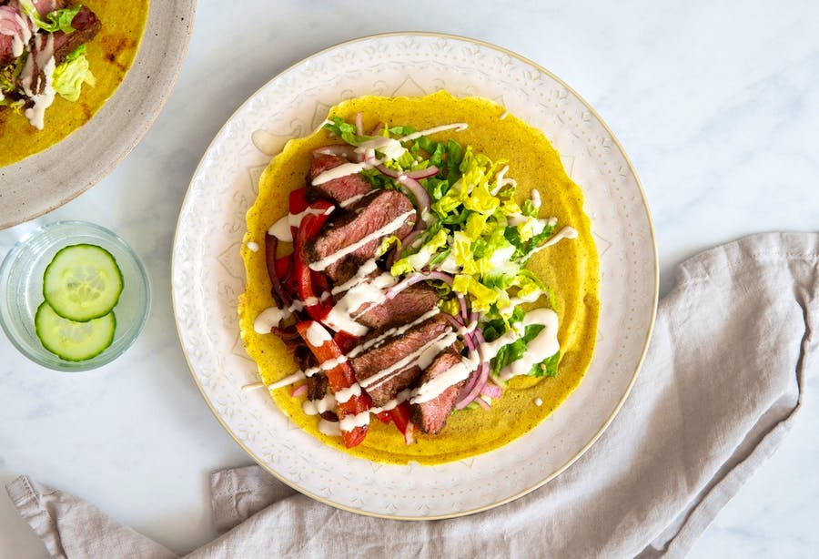 Shawarma steak in a cumin & chickpea wrap 