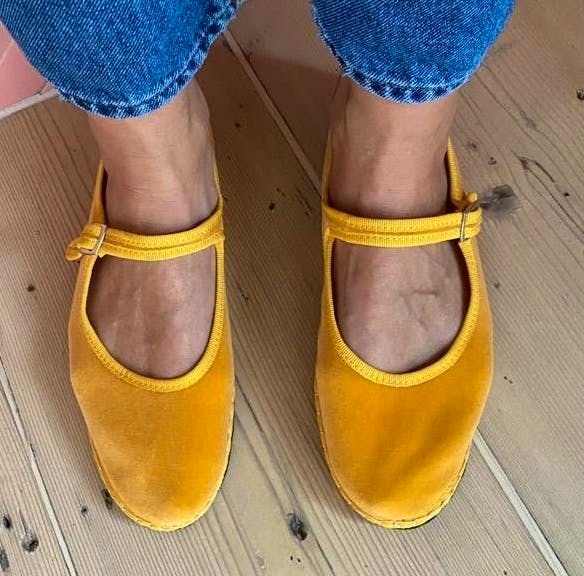 Tidy Street Stores Drogheria Crivellini Velvet Mary Janes in Mustard, £79