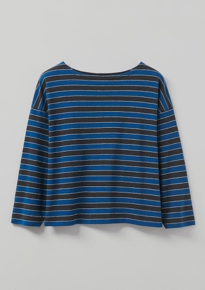 Toast, Stripe Slubby Cotton Tee, £85 The epitome of laid-back style, Toast’s striped tee in slate and cornflower blue has a wide, boxy fit, balanced by a bracelet-length sleeve and wide neck style. Perfect paired with boyfriend jeans and sandals for effortless summer style.