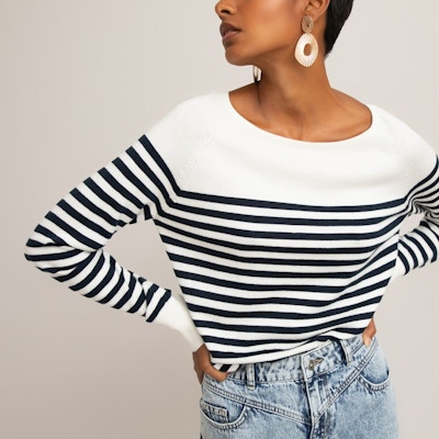 La Redoute, Cotton Mix Jumper With Breton Stripes, £26, NOW £20. If you’re looking for a heavier weight Breton, opt for a cotton knit jumper in the signature blue and white stripe instead. Pair with this example by La Redoute with a light-wash denim, plimsolls and a classic trench for a timeless spring outfit.