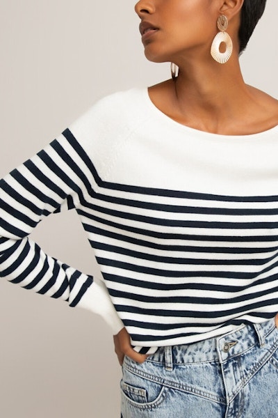 La Redoute, Cotton Mix Jumper With Breton Stripes, £26, NOW £20. If you’re looking for a heavier weight Breton, opt for a cotton knit jumper in the signature blue and white stripe instead. Pair with this example by La Redoute with a light-wash denim, plimsolls and a classic trench for a timeless spring outfit.