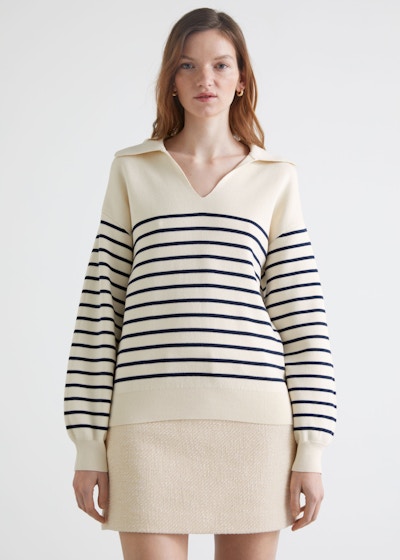 & Other Stories, Relaxed Collared Sailor Stripe Sweater, £65 A twist on a Breton tee, this collared knit from & Other Stories has a definite nautical vibe, yet a more structured silhouette. In a smart navy and cream stripe, pair it with navy trousers and tan accessories for a smart take on this laid-back stripe style.
