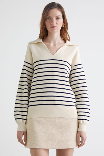 & Other Stories, Relaxed Collared Sailor Stripe Sweater, £65 A twist on a Breton tee, this collared knit from & Other Stories has a definite nautical vibe, yet a more structured silhouette. In a smart navy and cream stripe, pair it with navy trousers and tan accessories for a smart take on this laid-back stripe style.
