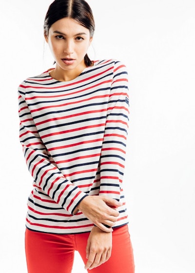 Saint James, Tricolor Striped Sailor Jersey, £59 It doesn’t get much more French heritage than Saint James when it comes to Bretons. The village of St. James in the Mont St Michel Bay has a rich maritime textile history, having been founded by William the Conqueror as the perfect terrain to raise sheep for wool to clothe local sailor and fishermen in the 11th-century. Fast-forward to the 19th-century and the striped jersey uniform was adopted by Ms Chanel who then transformed them into the uniform of the fashion set instead. Available today for men, women and children in a classic range of jersey and cotton knit stripes.