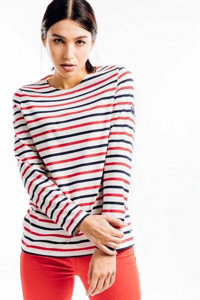 Saint James, Tricolor Striped Sailor Jersey, £59 It doesn’t get much more French heritage than Saint James when it comes to Bretons. The village of St. James in the Mont St Michel Bay has a rich maritime textile history, having been founded by William the Conqueror as the perfect terrain to raise sheep for wool to clothe local sailor and fishermen in the 11th-century. Fast-forward to the 19th-century and the striped jersey uniform was adopted by Ms Chanel who then transformed them into the uniform of the fashion set instead. Available today for men, women and children in a classic range of jersey and cotton knit stripes.