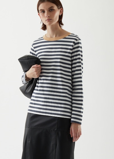 Cos, Wide Neck Long Sleeve T-Shirt, £19 A great striped basic for under £20, Cos has added a classic camel trim to its take on a Breton. With a wide-neck silhouette, it’s perfect for layering over a skinny ribbed polo-neck now, or tout seul as the weather warms.