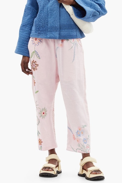 By Walid Marina Embroidered Upcycled-Linen Trousers, £675
