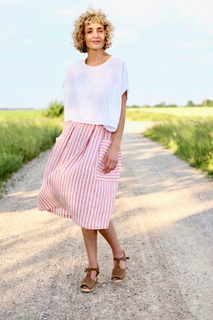 Off On Clothing Linen Patch Pocket Skirt in Stripes, £89