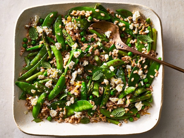 Triple-Pea And Asparagus Salad With Feta-Mint Dressing