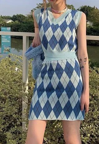 Argyle Blue Print Top Skirt Set £55